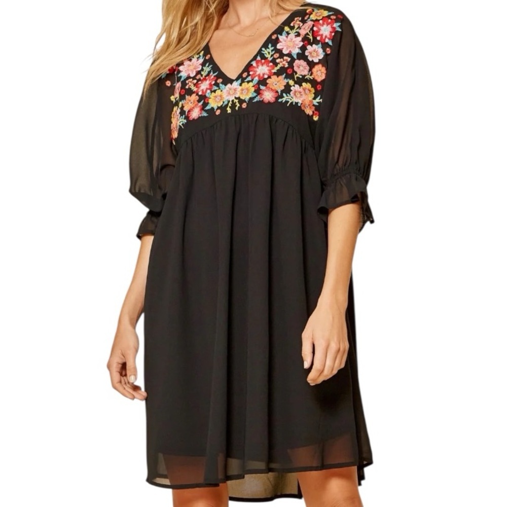 Savanna Jane Women's Black Floral‎ Embroidered Babydoll Dress V-Neck Size Medium